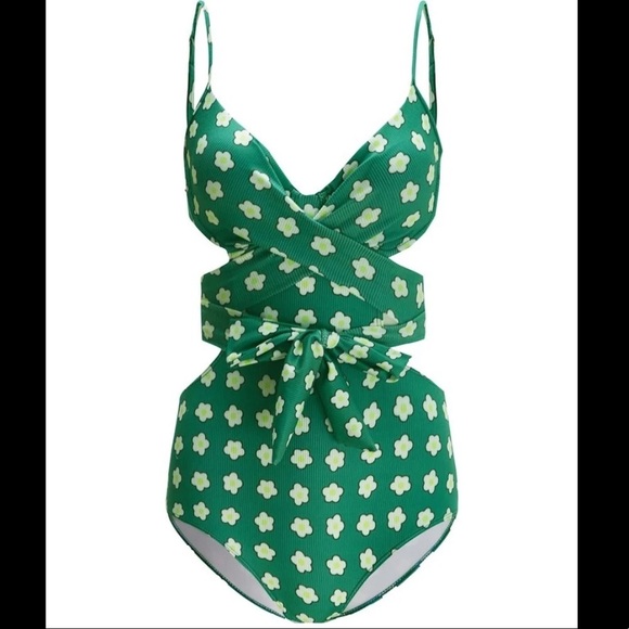 Green Floral Front Tie One Piece Swimsuit - Picture 2 of 5